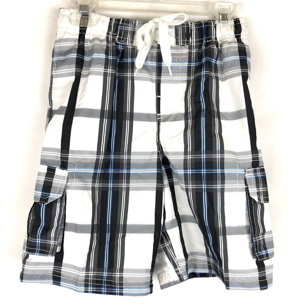 Kanu Surf, Boy’s Size 7 White/Grey Board Shorts, Pockets, Swimwear